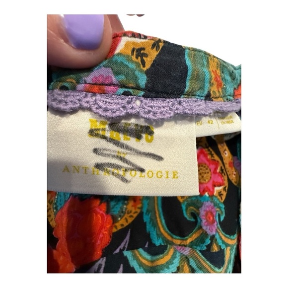 Anthropologie Maeve Carter Flutter Sleeve Mix Print Tie Front Button Down Top - Picture 11 of 12